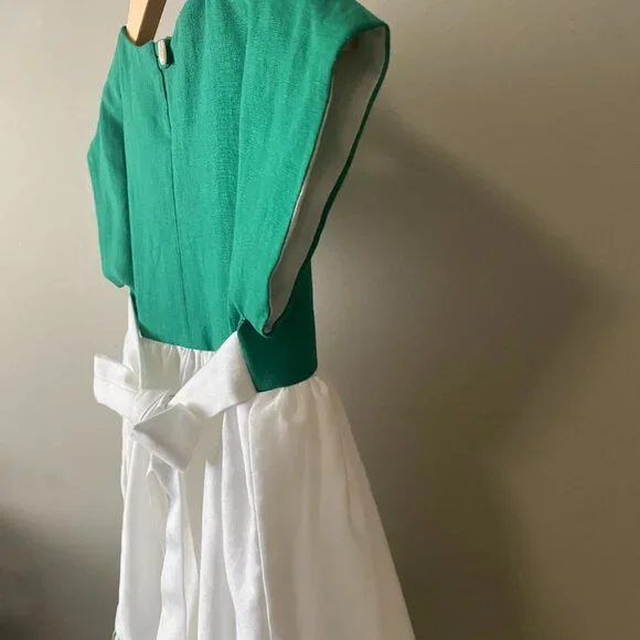 Handmade Children's Green White Linen Viscose Cotton Crochet Flower Dress - Picture 11 of 14